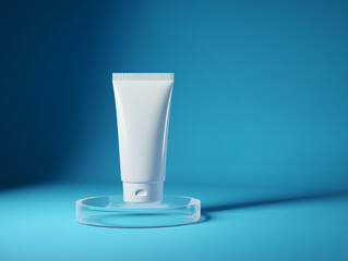 Minimalist skincare tube mockup standing on a transparent round platform, set against a vibrant blue gradient background. Clean design ideal for beauty or cosmetic product presentations.