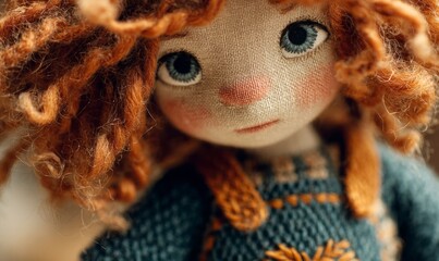 Close Up Portrait of a Handmade Knitted Doll with Red Hair and Blue Eyes