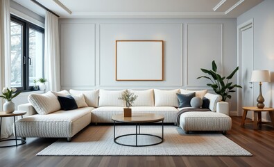A sleek and modern living room adorned with a plush white boucle modular sofa a minimalist round coffee table a playful cube accent piece and a mock up poster frame inviting viewers to envision t