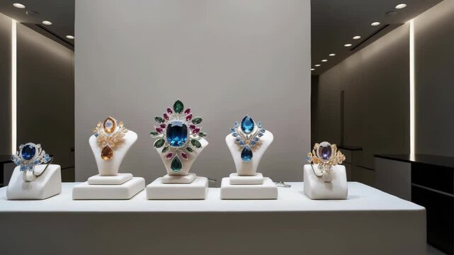 Luxury jewelry display featuring gemstone rings and brooches with colorful gems on stands.