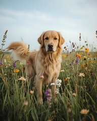 A majestic golden retriever standing proudly in the midst of a vibrant and lush meadow, surrounded by a variety of colorful flowers of different shapes and sizes