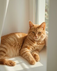 orange-striped cat lounging by a sunny window, with soft, golden light casting a gentle glow on its fur as it stretches out its long