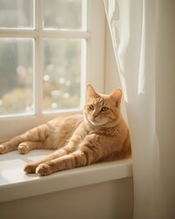 orange-striped cat lounging by a sunny window, with soft, golden light casting a gentle glow on its fur as it stretches out its long