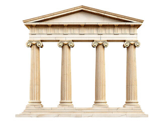 A classical greek temple facade with four columns and a triangular pediment isolated on black