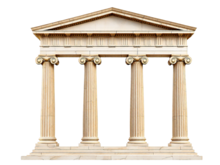 A classical greek temple facade with four columns and a triangular pediment isolated on black