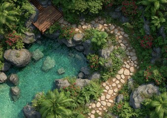 Overhead View of Stone Path Leading to Wooden Bridge over Teal Pond