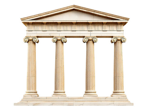 A classical greek temple facade with four columns and a triangular pediment isolated on black