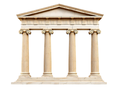 A classical greek temple facade with four columns and a triangular pediment isolated on black