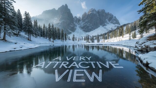 A snowy mountain landscape reflected in a lake with text overlay reading a very attractive view - Powered by Adobe