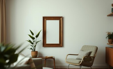 A minimalist haven a living room where a rustic brown picture frame cradled a mockup image a vibrant green plant added a touch of nature's vibrancy a retro armchair beckoned relaxation and dried t