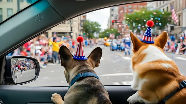 Patriotic dogs watch parade from car window. French bulldog and corgi wearing hats, USA celebration, 4th of July, Independence Day, pet travel, animal, festive event, holiday.