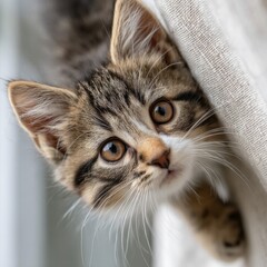 Cute Brown and White Kitten Peeking from Behind Fabric