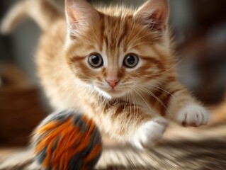 Playful Red Kitten Chasing Ball