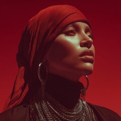 Portrait of a Woman in Red Headscarf and Jewelry