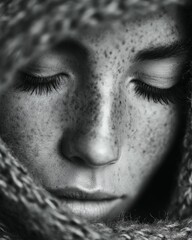 Close-up Monochrome Portrait of a Woman with Freckles