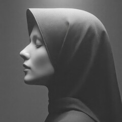 Serene Woman in Grayscale Profile Portrait Wearing Hijab