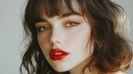 Beautiful woman with red lips and captivating green eyes is shown