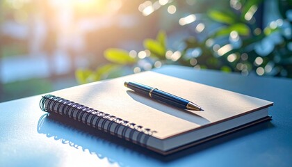 Cuaderno de espiral ecológico marrón con bolígrafo negro colocado sobre un escritorio oscuro