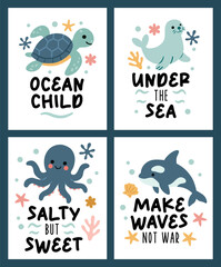Set of four banner with sea phrases with sea animals on blue tones on a white background