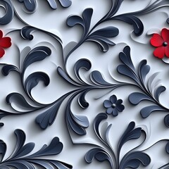 Seamless 3D paper cut style pattern with dark blue floral scrolls and scattered red flowers on a white background. Perfect for modern and minimalist designs.