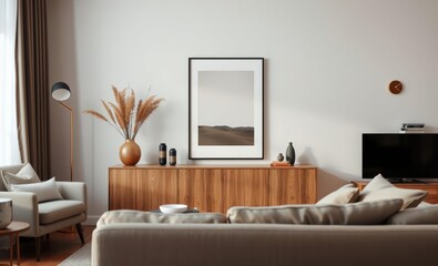 A cozy minimalist living room featuring a mock-up poster frame displaying a minimalist artwork a warm brown sideboard a vase of dried flowers a modern sculpture and personal accessories creating