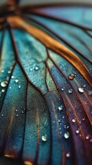 Closeup of Iridescent Butterfly Wing with Water Droplets