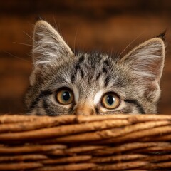 Curious Kitten Peeking From Wicker Basket