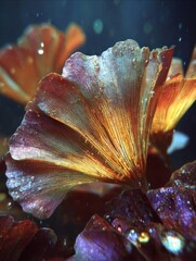 Close-up of Red and Gold Aquatic Plant with Water Droplets