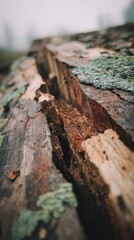 Close-Up of Weathered Wood Log with Moss and Cracks