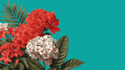 Red and White Flowers with Green Leaves on Teal Background