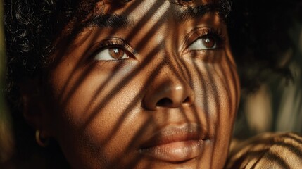 Close Up Portrait of a Woman with Sunlight and Leaf Shadows
