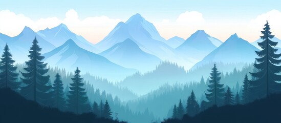 A beautiful illustration of majestic mountains and lush evergreen forests