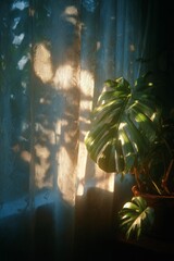 Monstera Plant in Sunlight Through Lace Curtain