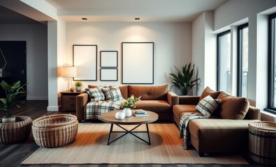 Fototapeta premium A sleek minimalist loft apartment exudes a modern aesthetic boasting a round coffee table a plush brown sofa draped in a striped plaid throw and an elegant personal touch Mockup poster frames add