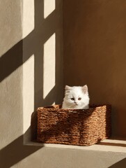 White Kitten in Brown Wicker Basket in Sunlit Window