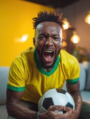 Brazilian football fan reacting during goal in living room wearing yellow jersey