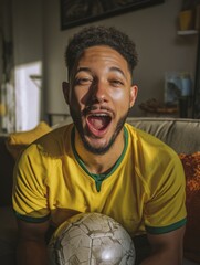Brazilian football fan shouting during goal indoors wearing yellow jersey