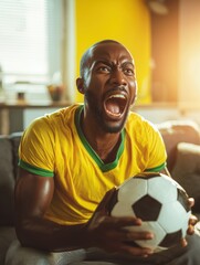 Excited Brazilian soccer fan celebrating goal at home wearing yellow and green jersey with football in hand