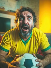 Brazilian football fan celebrating during match during match wearing yellow jersey