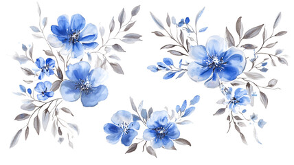 Watercolor royal blue and silver floral clip art design, with isolated on a white background