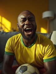 Brazilian football fan screaming during match indoors wearing yellow jersey