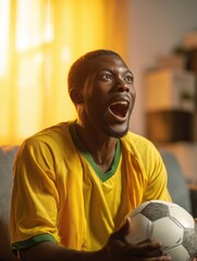 Brazilian football fan celebrating during goal indoors wearing yellow jersey