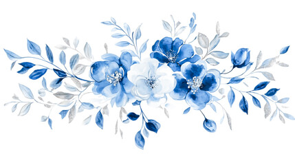 Watercolor royal blue and silver floral clip art design, with isolated on a white background