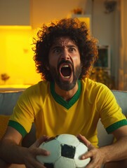 Brazilian football fan celebrating during match indoors wearing yellow jersey