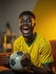 Brazilian football fan screaming during match in living room wearing yellow jersey