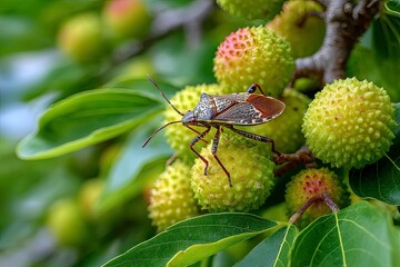 Brown marble stink beetle or Halyomorpha halys on green lychee fruit