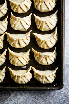 An overhead view of uncooked dumplings neatly arranged on a baking tray.