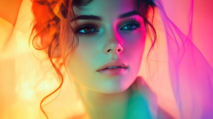 A woman with beautiful features illuminated by colorful lighting