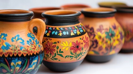 Ceramic clay flower and plant pots with colourful indigenous ornaments in pottery studio isolated on white background