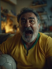 Brazilian football fan shouting during victory on couch wearing yellow jersey